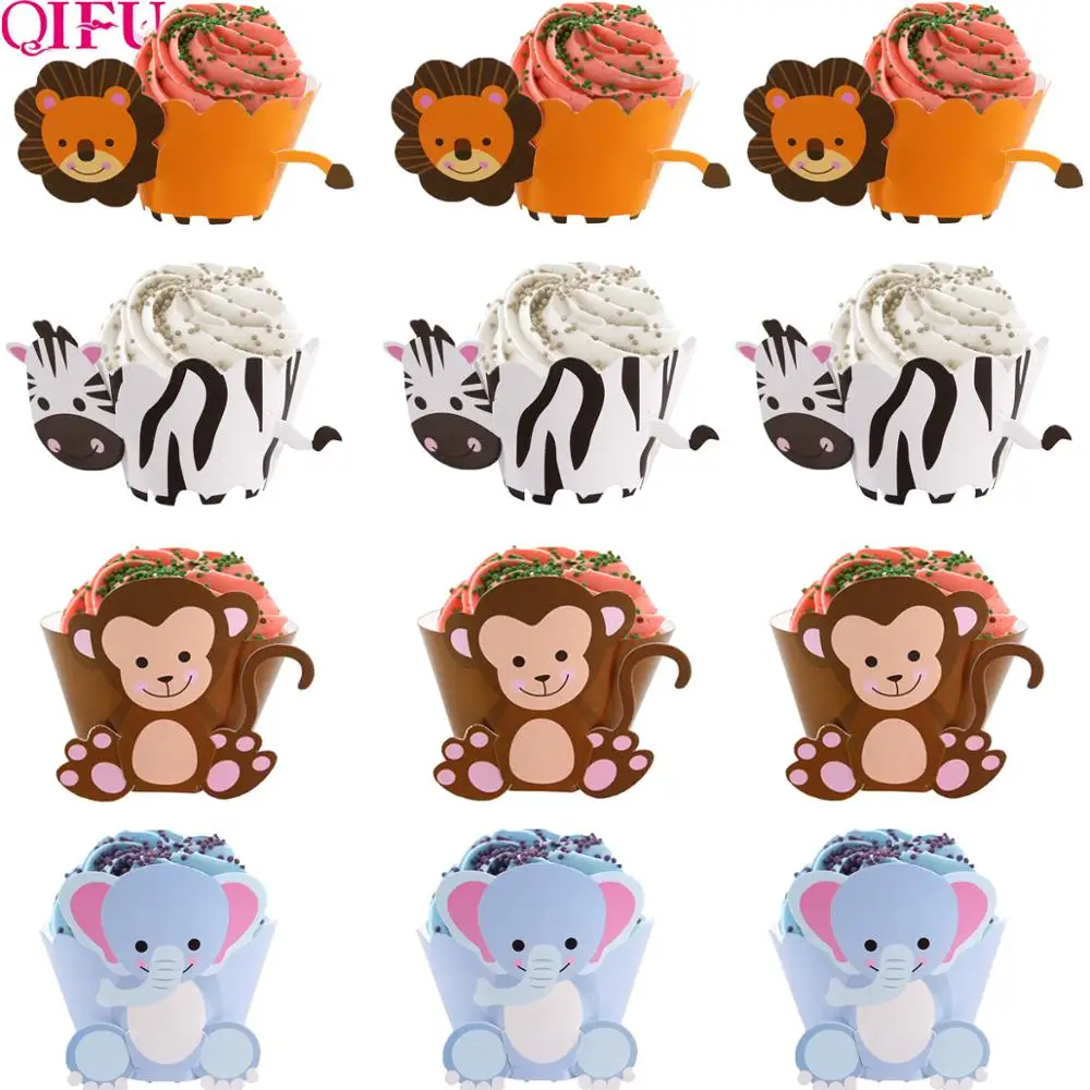 QIFU zebra Animal Cupcake Wrappers Cup Cake Paper Jungle Theme Birthday Party Decor Kids Cake Decorating Supplies Baby Shower