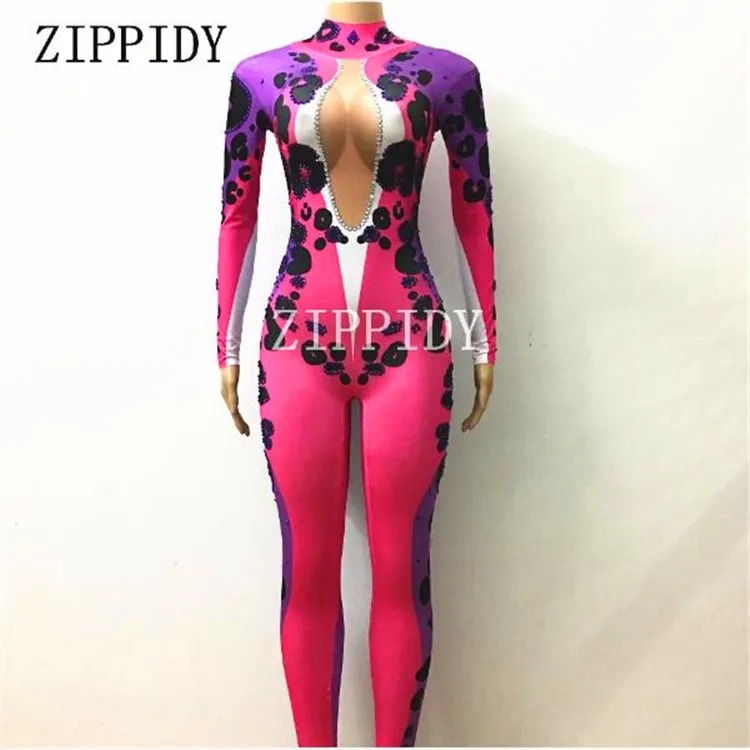 Seksi Ungu Leopard Berlian Imitasi Lengan Panjang Jumpsuit Kinerja Panggung Dj Penyanyi Penari Memakai One-Piece Stretch Pakaian Kostum