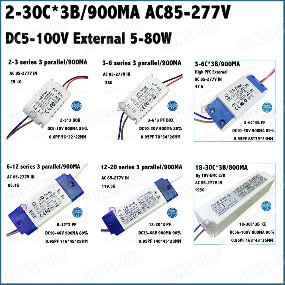 External 5-80W AC85-277V LED Driver 2-3Cx3B 3-6Cx3B 6-12Cx3B 12-20Cx3B 18-30Cx3B 900mA DC5-105V Constant Current Free Shipping