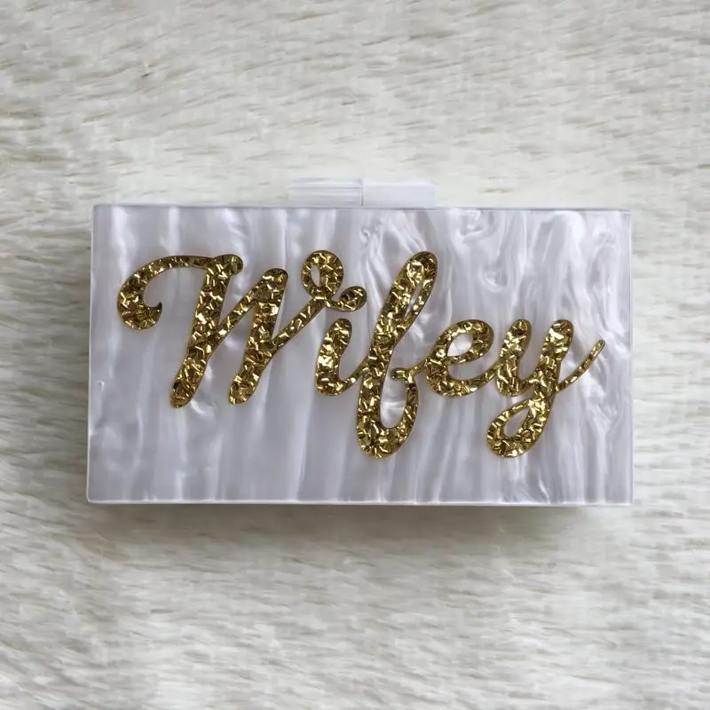 Customized Letter Name Wifey Pearl White With Gold Glitter silver glitter acrylic box clutches women party Lady purse wallet