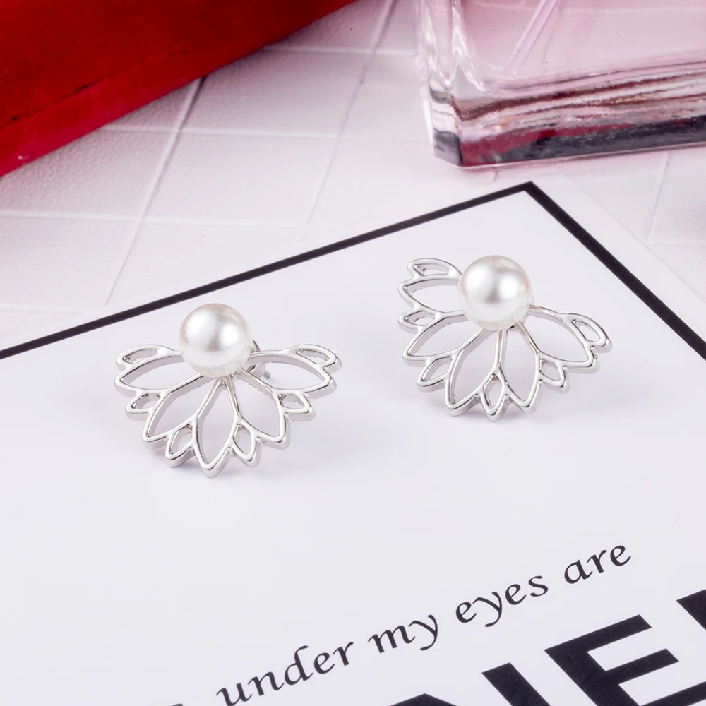 IPARAM Lotus pearl Jacket Flower Stud Earrings For Women fashion Jewelry Double Sided Gold Silver Plated earrings