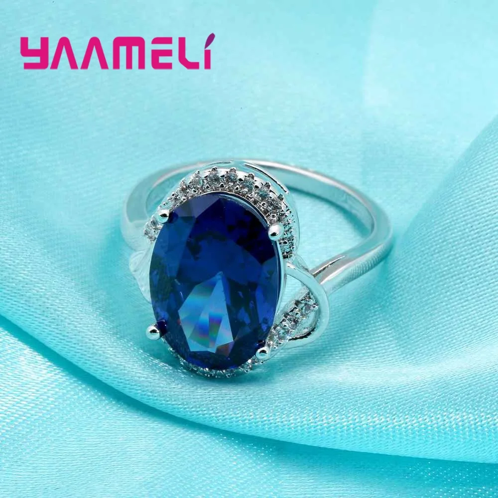 925 Sterling Silver Promise Wedding Ring for Women Ladies Top Quality Blue Oval Crystal Cubic Zirconia Wholesale Price