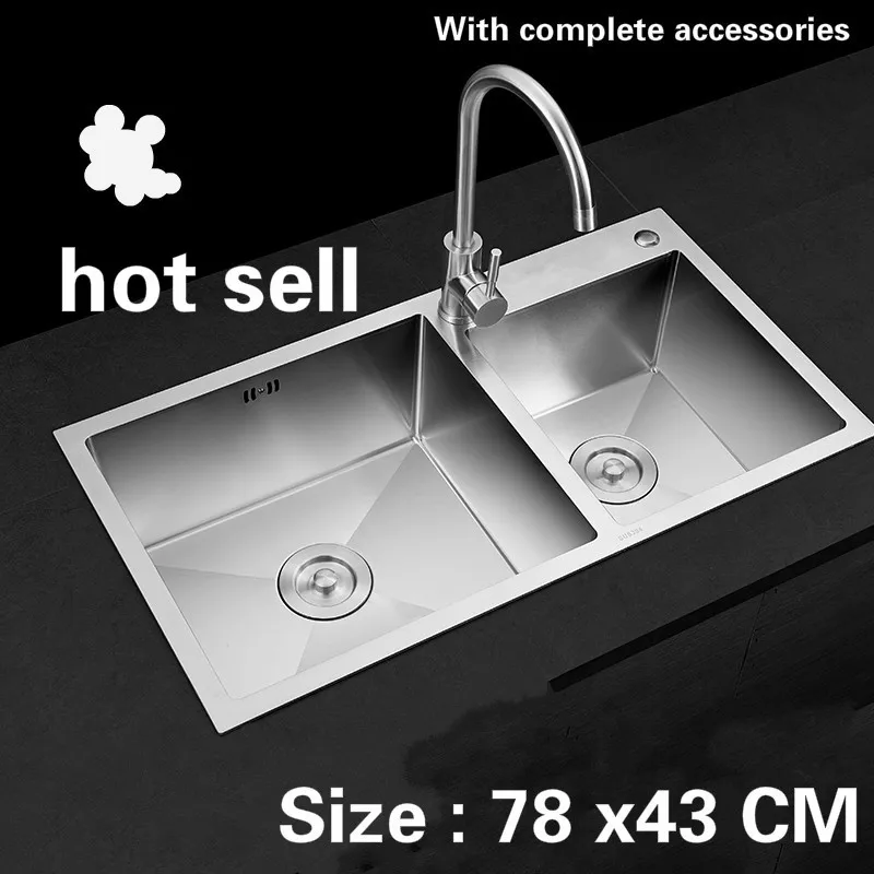 

Free shipping Kitchen sink durable manual 3 mm thick food grade stainless steel vogue double groove 78x43 CM