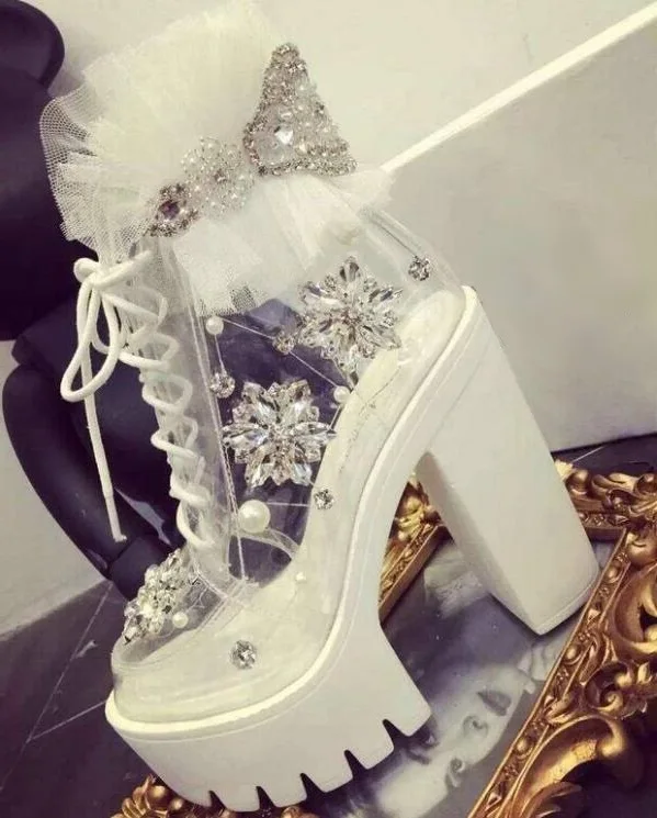 

Luxury White Lace High Platform Boots Clear PVC Transparent Crystal Embellished Chunky Heel Shoes Lace-up Size 43