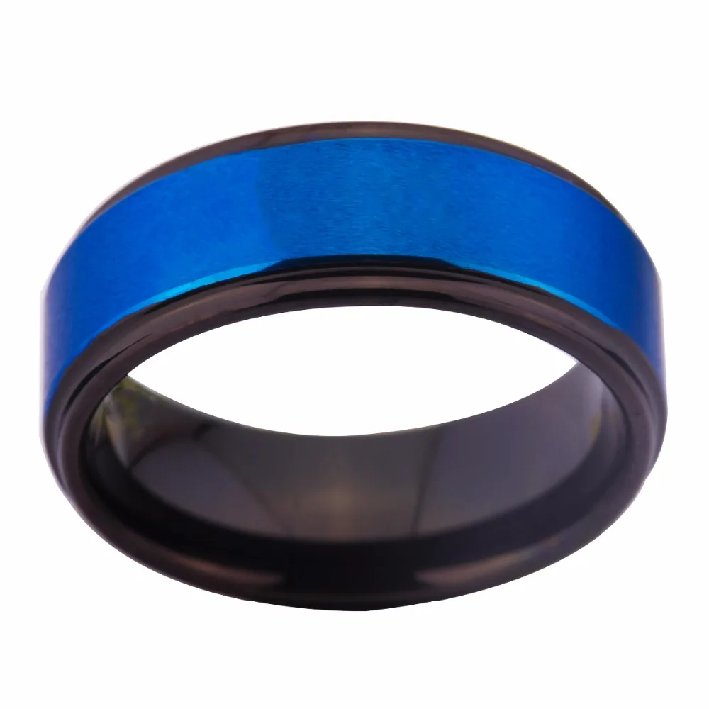 Men's Tungsten Wedding Ring Women Engagement Rings Free Engraving Ring Blue Matte Center Black Steps Comfort Fit Design Ring
