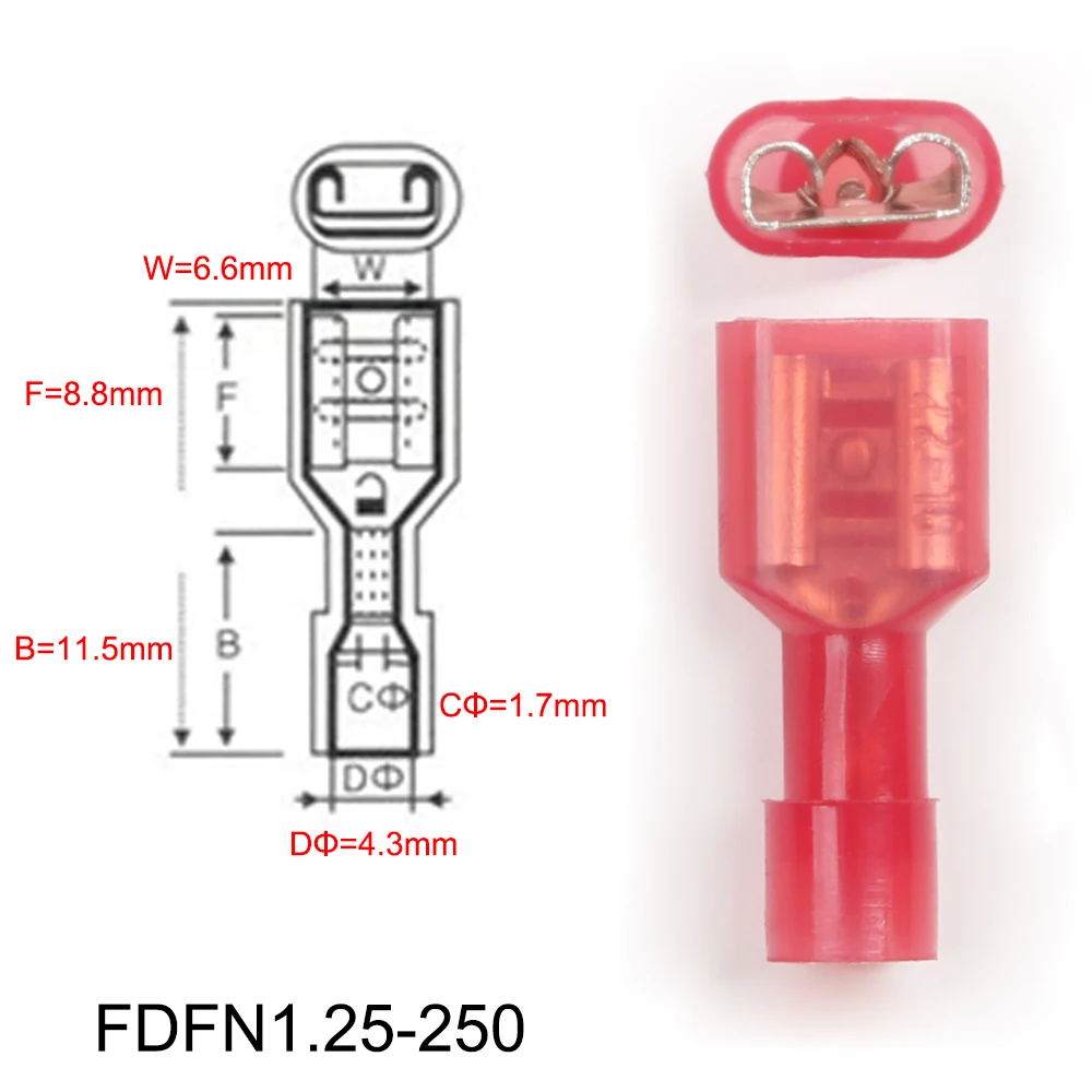 DIANQI FDFN1.25-250 NYLON ottone Femmina Isolato Spade comune Cavo di Legare del Connettore 100PCS vestito 0.5-1.5mm2 22-16AWG FDFN