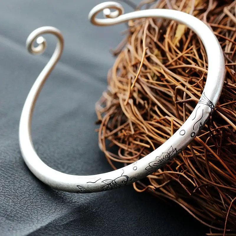 

Retro Thai Silver Jewelry Wholesale Small Fish Lotus Silver Bangle Handmade S990 Sterling Silver Open Ended Bangle Women