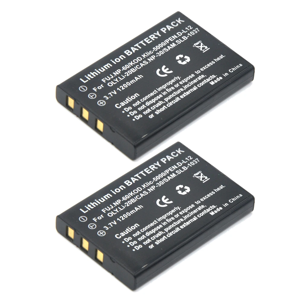 2Pcs 1200mAh FNP-60 NP60 Battery +USB LCD Charger for Fujifilm NP-60  Kodak KLIC-5000  Samsung SLB-1137 Olympus LI-20B Battery