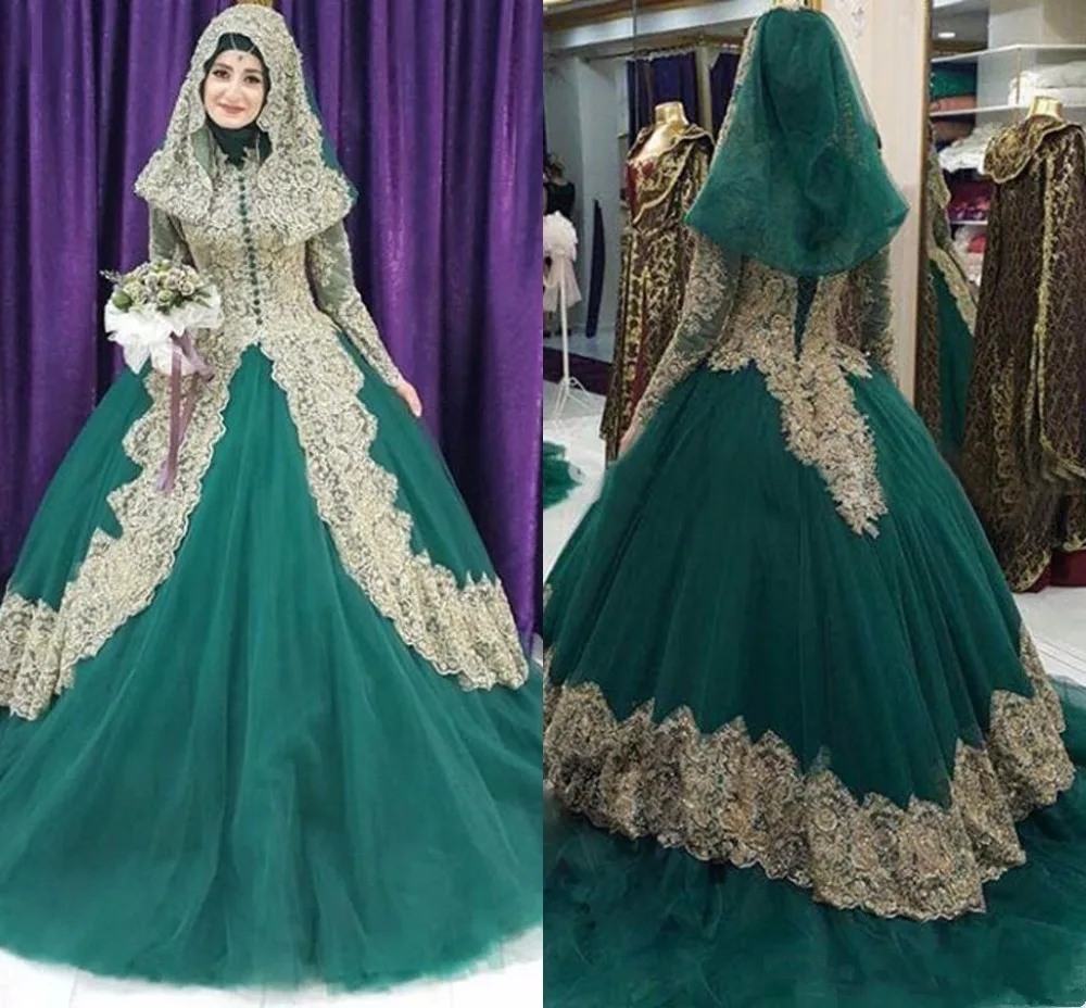 2020 muçulmano caçador vestido de baile vestidos de casamento com apliques de renda dourada mangas compridas com hijab plus size vestidos de casamento nupcial