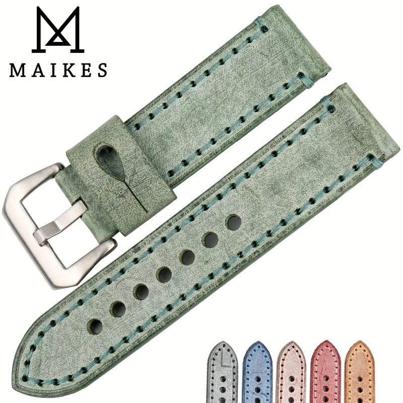 

MAIKES Watch accessories 22mm 24mm watchbands fashion green English bridle cow leather watch band for Panerai watch strap