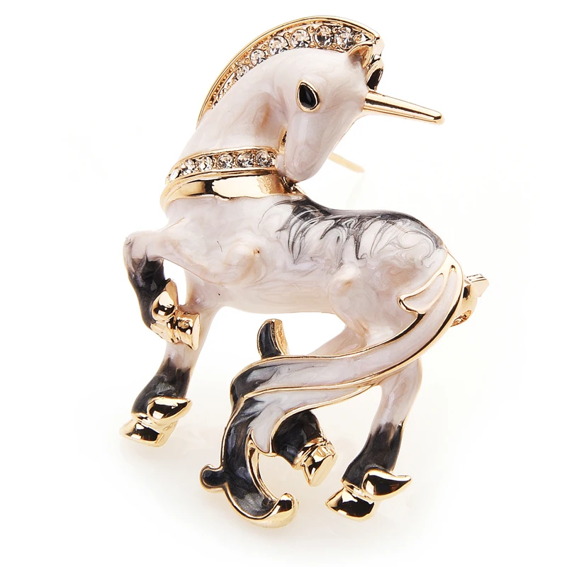 Wuli&baby White Miracle Lucky Horse Enamel Brooches For Women And Men Alloy Animal Rhinestone Banquet Party Brooch Gifts