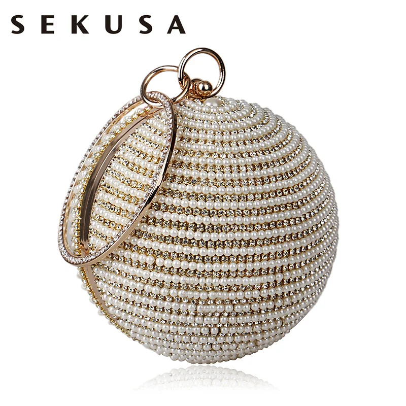 SEKUSA Beaded Women Evening Bag Metal Diamonds Purse Small Day Clutch Chain Shoulder Crystal Handbags For Party Wedding