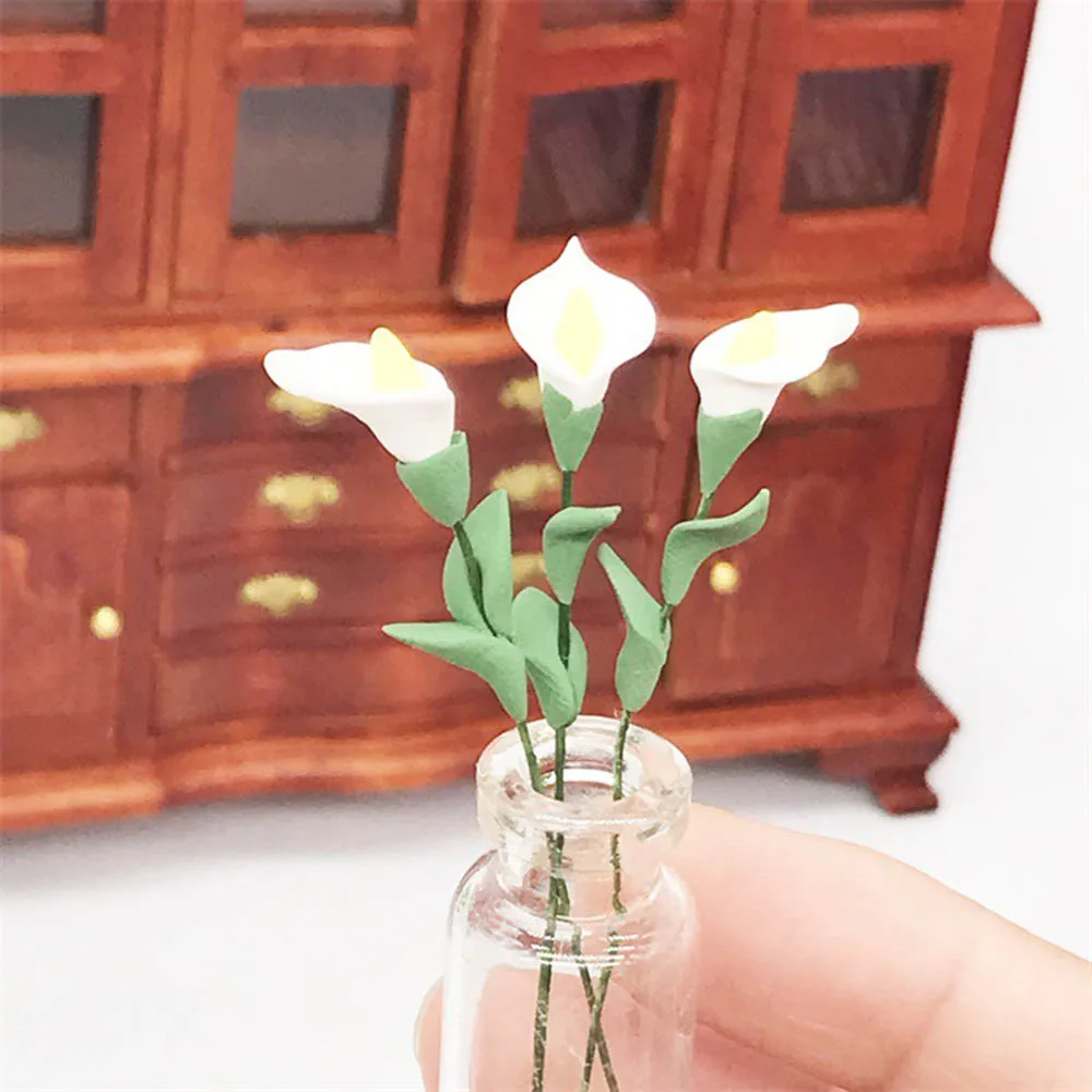 Accesorios en miniatura para casa de muñecas, modelo de simulación de lirio de Cala de flor blanca, muebles de juguete para decoración del hogar, 10 Uds., 1/12