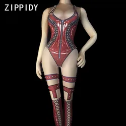 Sexy Rivets Black Or Red Printed Stretch Jumpsuit Nightclub Female Singer Show Leggings Women's Party Dance Wear Sexy Bodysuit