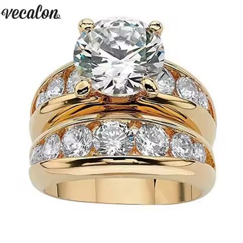 Vecalon Gold Color Solitaire Wedding Ring set 925 Sterling Silver 5A Zircon Stone Daily Engagement Band rings for women Jewelry