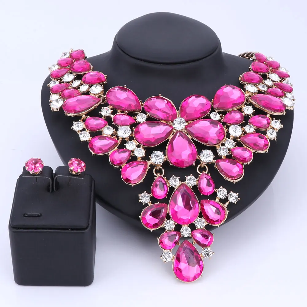 OUHE Trendy Crystal Jewelry Set Gold Color Statement Necklace Earring Set Gift For Women Bridal Decoration Accessories