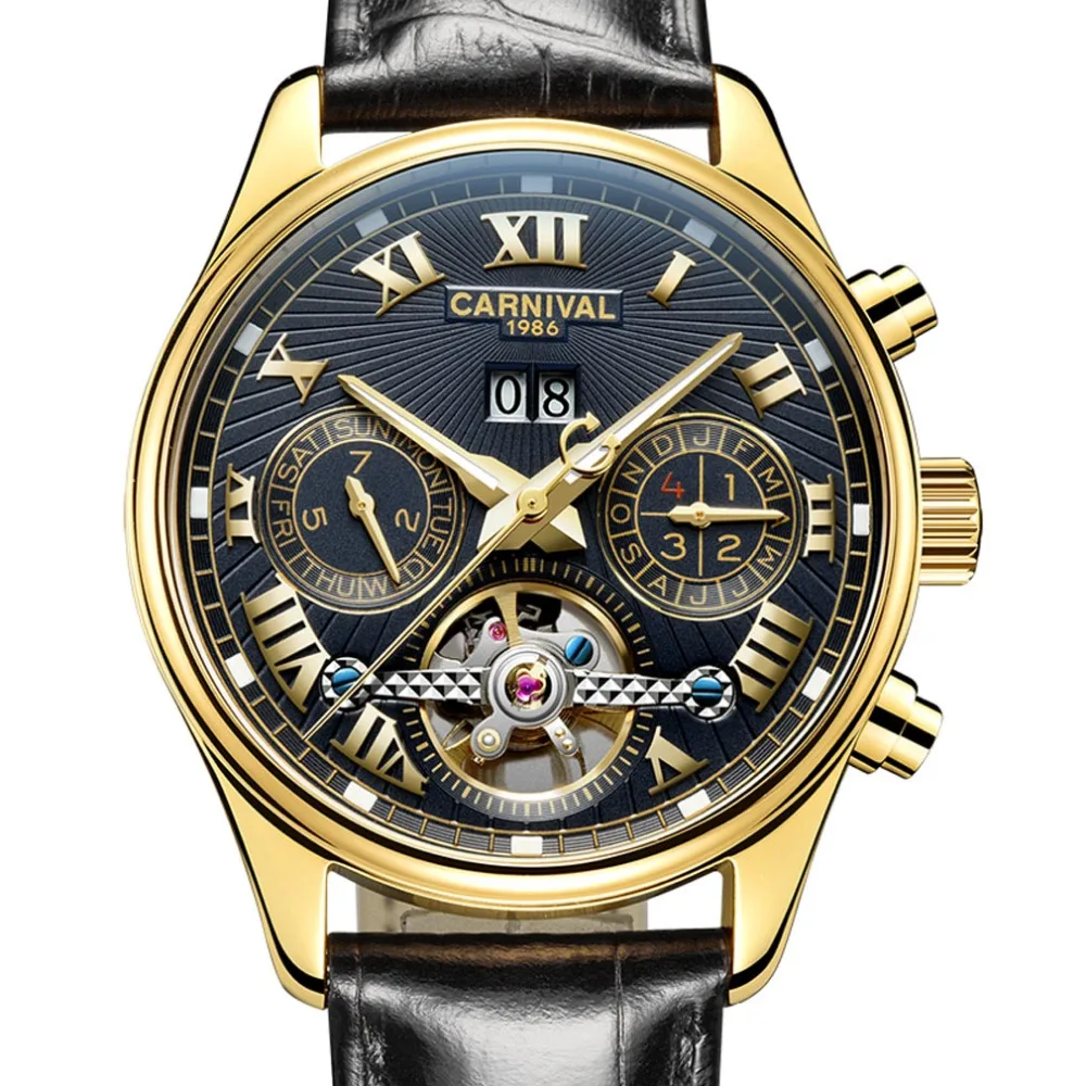 

Carnival Mens Multifunction Holllow-out Dial Leather Watchband Automatic Self-Wind Mechanical Watch - gold bezel black dial