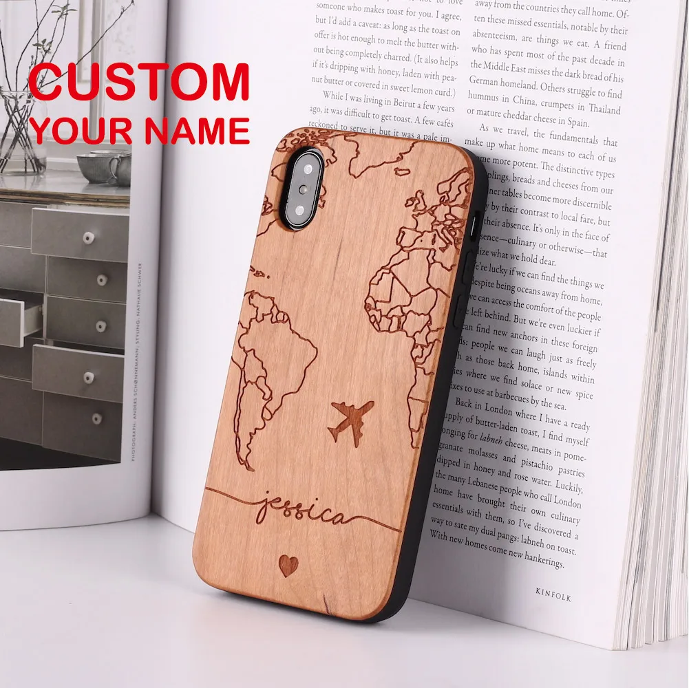 World Map Lion Compass Pineapple Personalized Custom Wood Phone Case For iPhone15 14 14Pro 14Plus 13Promax 13 12 11 Mini Cover