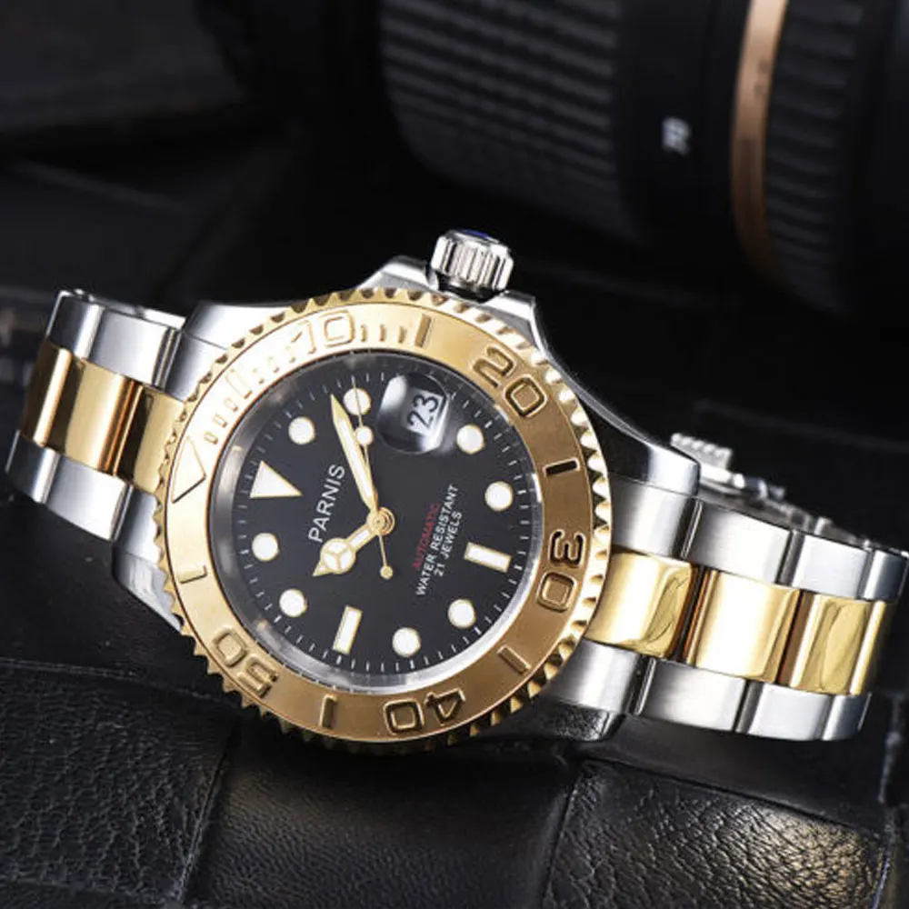 41mm Parnis Black dial Golden plated Sapphire glass Deployment Clasp Newest Hot 21 jewels miyota Automatic movement Men's Watch