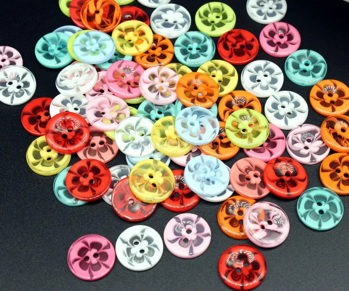 500pcs 17mm 2 holes Round Transparent Millifiori Style mix color Clear Flower Buttons . Flat adorable Flower Beads