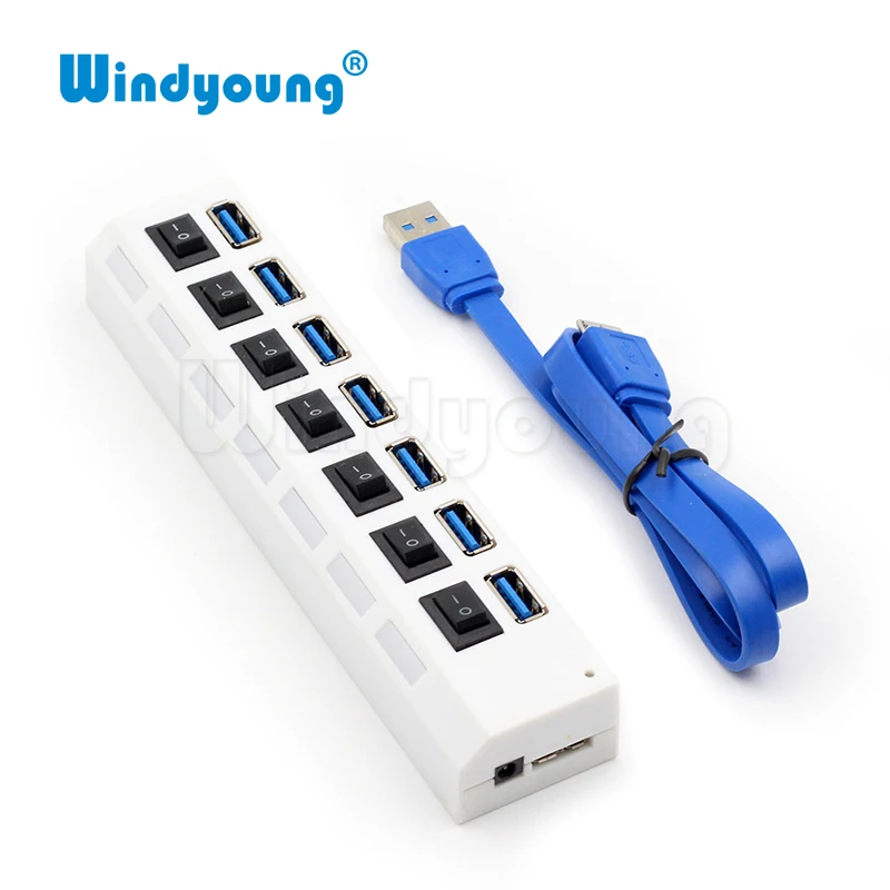 Windyoung ฮับ USB 3.0ความเร็วสูง7พอร์ต USB 3.0 Hub พร้อม EUPower Adapter Multi USB Splitter On/Off สำหรับแล็ปท็อป MacBook PC