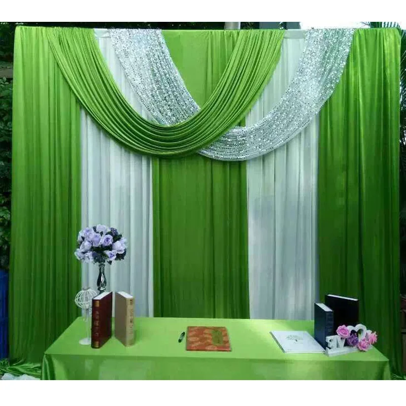 Stage Backdrop Curtain Ice Silk Green white Curtain Sequience Swag Party Background Drops Wedding Decortaion Customade 3x3m