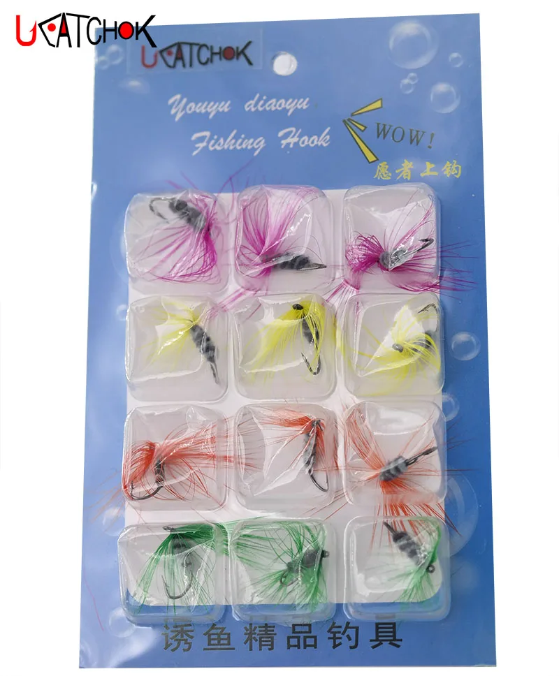 UCOK 12pcs/Set Blister Box Hooks SET Dry Fly Hooks butterfly hook Tool Kits Trout Flies Carbon Steel Butterfly Style Fish Lures