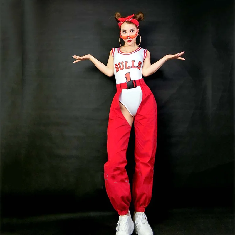 Jazz Dance Costumes Female Sleeveless Bodysuit Red Trousers Suits Women Adults Nightclub Dj Ds Gogo Show Wear Costume DNV11533