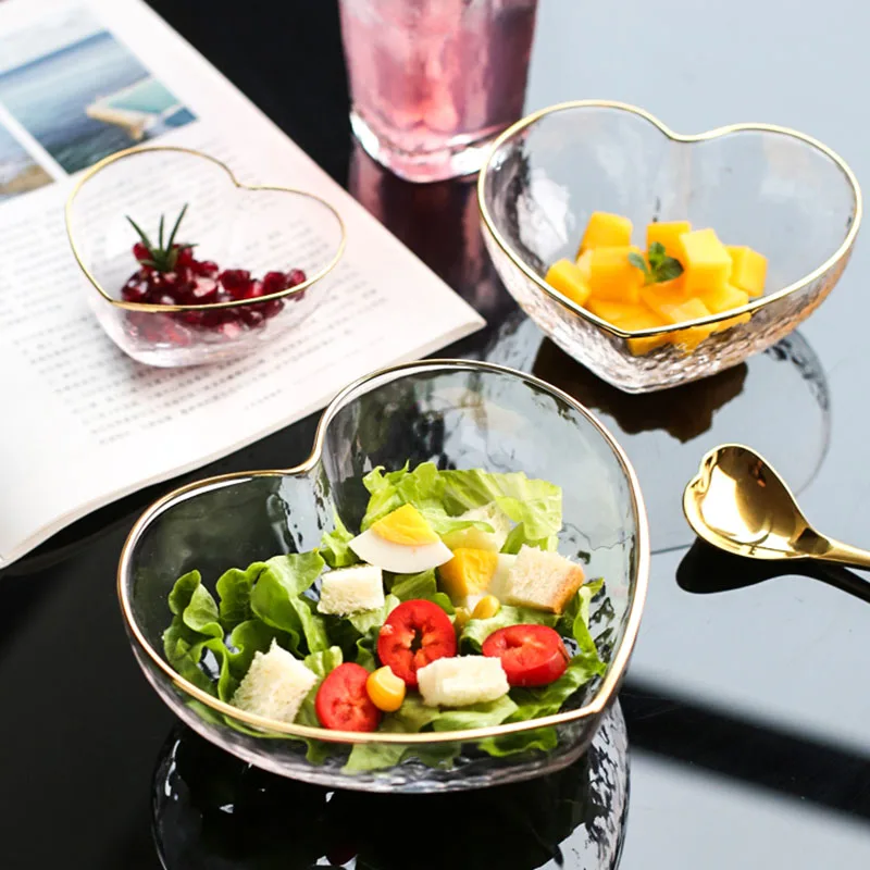 Japanese gold rim glass bowl household salad bowl heart-shaped fruit bowl water cup dessert bowl