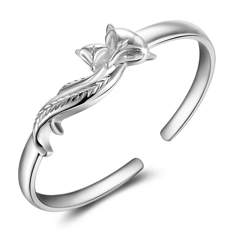 OMHXZJ Wholesale European Fashion Woman Girl Party Wedding Gift Fox Open S999 Sterling Silver Cuff Bangle BA51