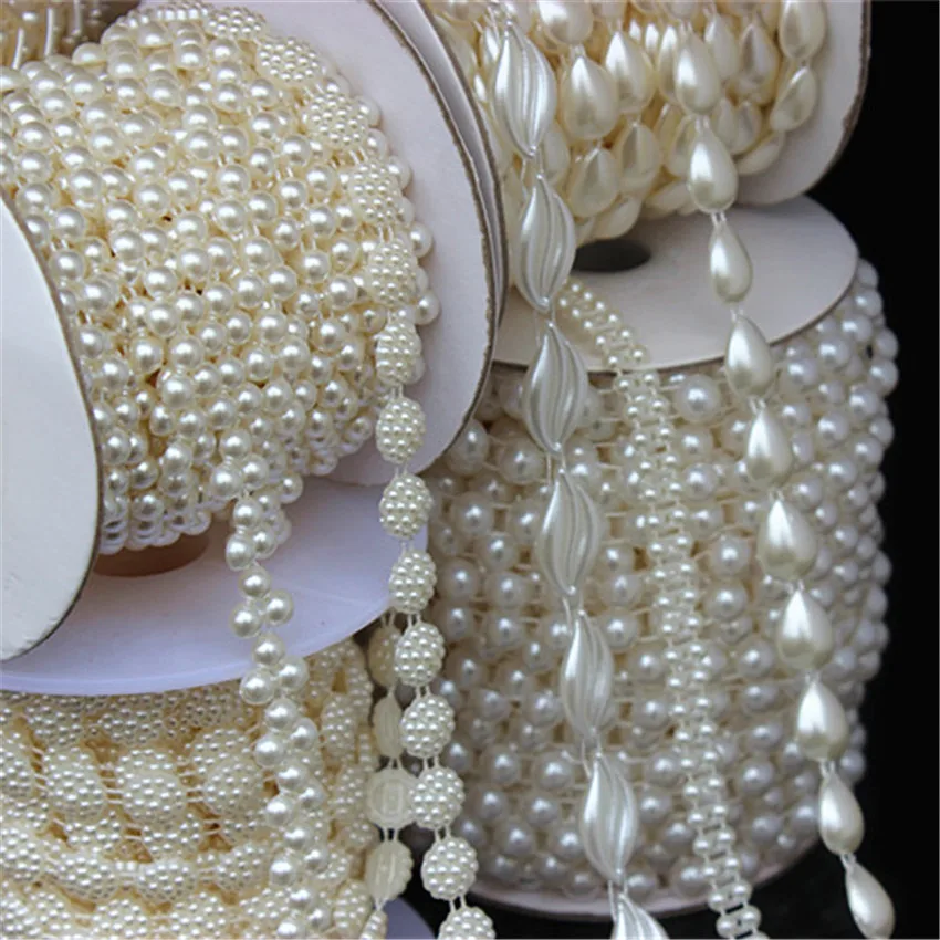 Micui 1-5yard Multi-Size ABS Imitation Pearl Beads Chain Trim for DIY Wedding Dress Costume Applique Craft Accessories