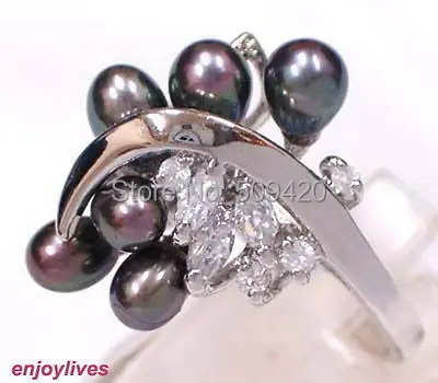 

XFS20141e Real Black Pearl 6 Beads new Crystal Ring Size: 7.8.9