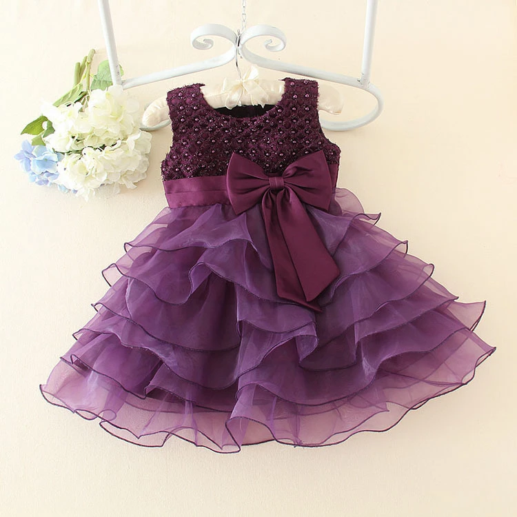 Children Girls Purple Dress Flower Girl Sleeveless O Neck Bow Vestidos Formal Apperal For Party Kids Clothing KF154016