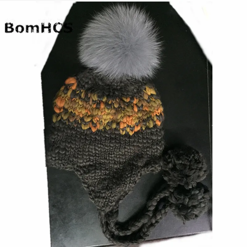 

BomHCS Luxurious Big Fox Fur Pompom Beanie 100% HANDMADE Women's Winter Knitted Belly Yarn Hat Warm Caps