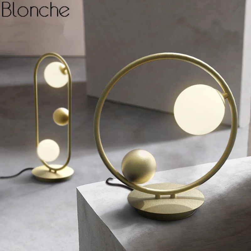 Nordic Gold Hoop Table Lamp Led Glass Ball Desk Light Standing Luminaire for Bedroom Bedside Study Reading Home Fixtures Decor