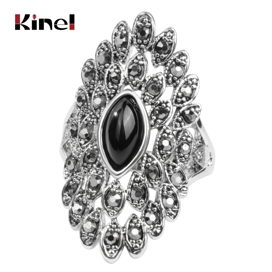 Kinel Unique Vintage Jewelry Gray Crystal Big Rings For Women Ancient Silver Color Punk Ring Female Wedding Party Crystal Gift