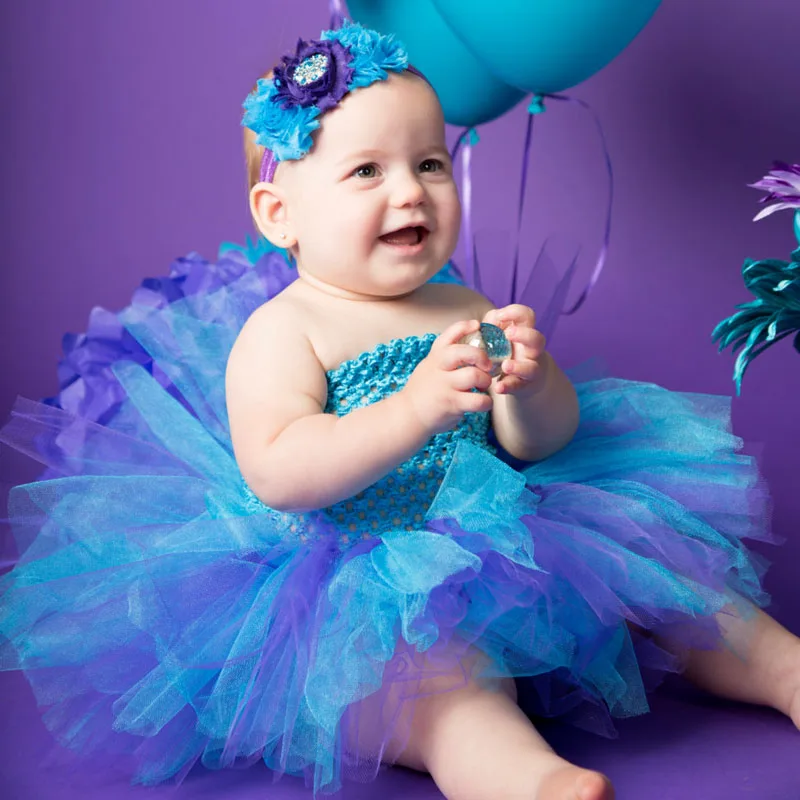 Princess Baby Rainbow Couture Tutu Dress with Flower Headband Halloween Birthday Costume Girls Photo Props TS125