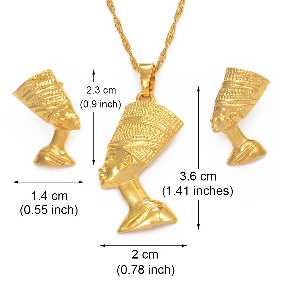 Anniyo Egyptian Queen Nefertiti Pendant Necklace Earrings Sets Jewelry Gold Plated Wholesale Jewellery  #010006