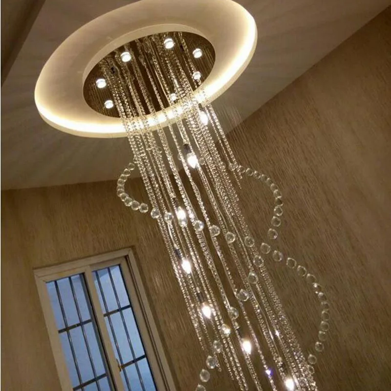 LED Crystal Pendant Light Large Size Spiral Long Modern Stair Foyer Fixture Hotel Villa Lamp