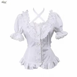 Summer Lolita Blouse Hot Womens Cotton White Short Sleeves Ruffled Trim Cute Girls Cosplay Lolita Top XS-XXL Party club