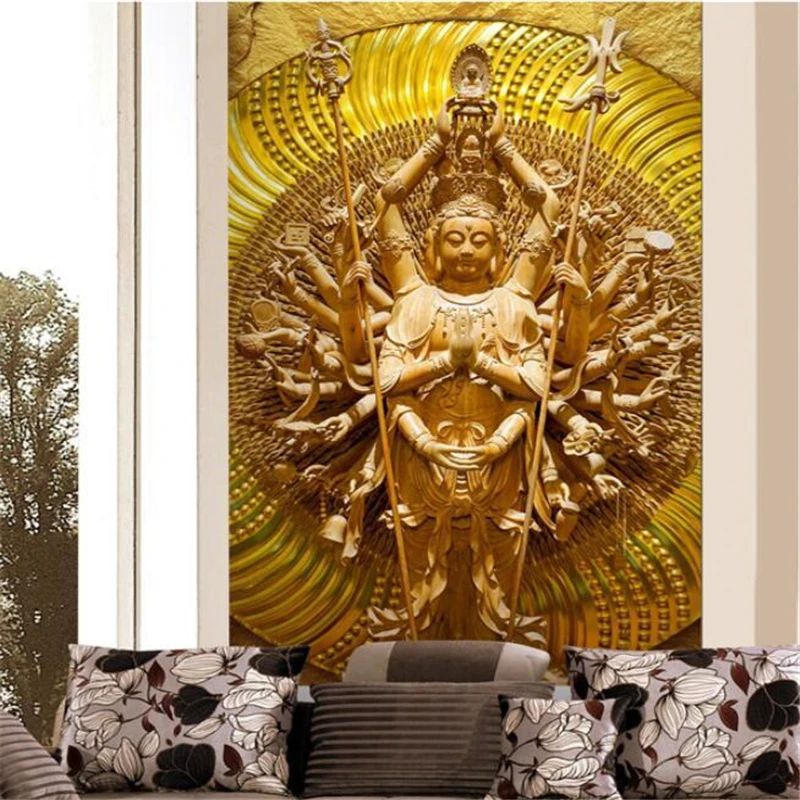 beibehang Custom wallpaper 3d murals boutique wood carving thousand hands Guanyin Buddha statue culture culture porch wallpaper