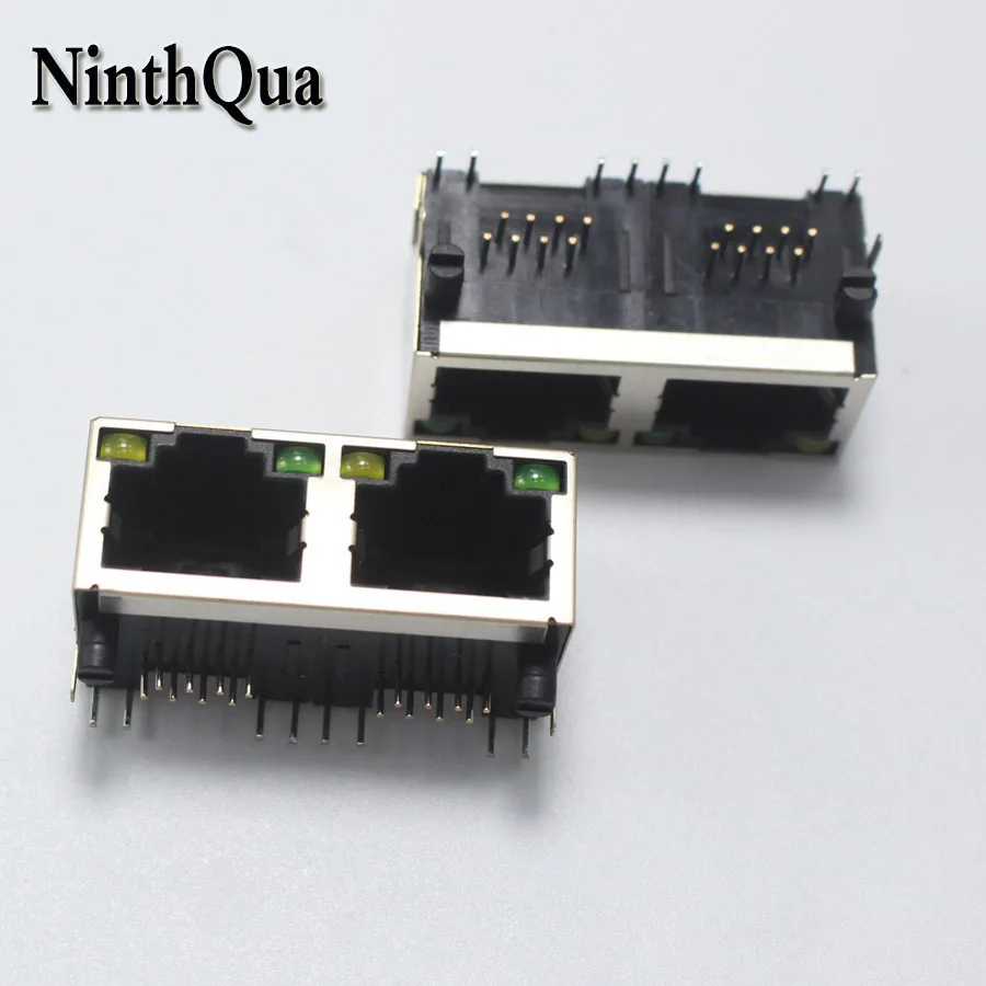 1pcs RJ45 1*2 with Light Network Interface jack 56 Dual Port 8P8C Shielded with Light Horizontal Plug Connector