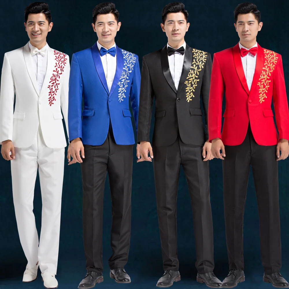 100%real mens royal blue/red/black/white leaf embroidery  tuxedo suit /event/studioance/stage performance/jacket with pants