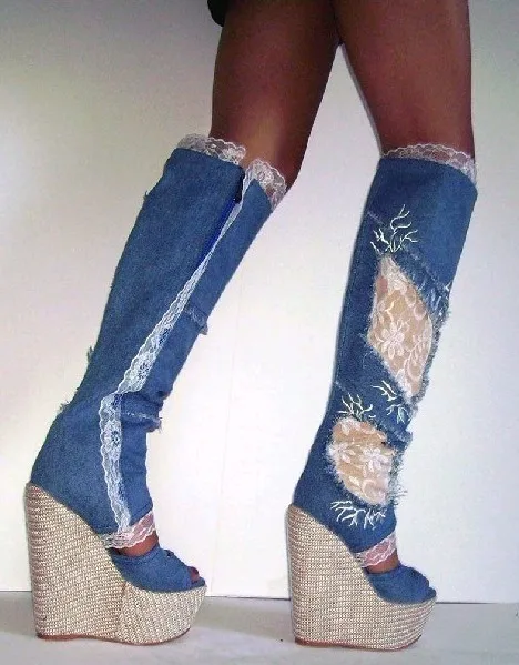 Woman Platform Wedge Boots Denim Blue Lace Flower Knee High Boots Sexy Open Toe Cutouts Sandal Boots Summer High Heel Boots