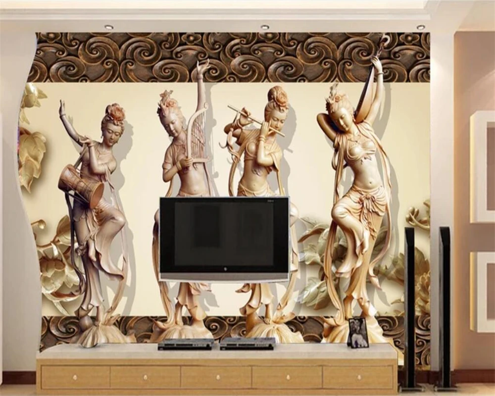 beibehang Custom wallpaper 3d ancient four beautiful women dance wood carving background wall paper 3d papel de parede infantil