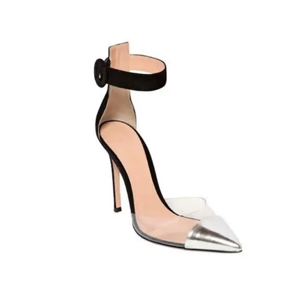 

Concise type women runway shoes high heel pumps buckle strap silver and black pointed toe perspex details sexy catwalk high heel