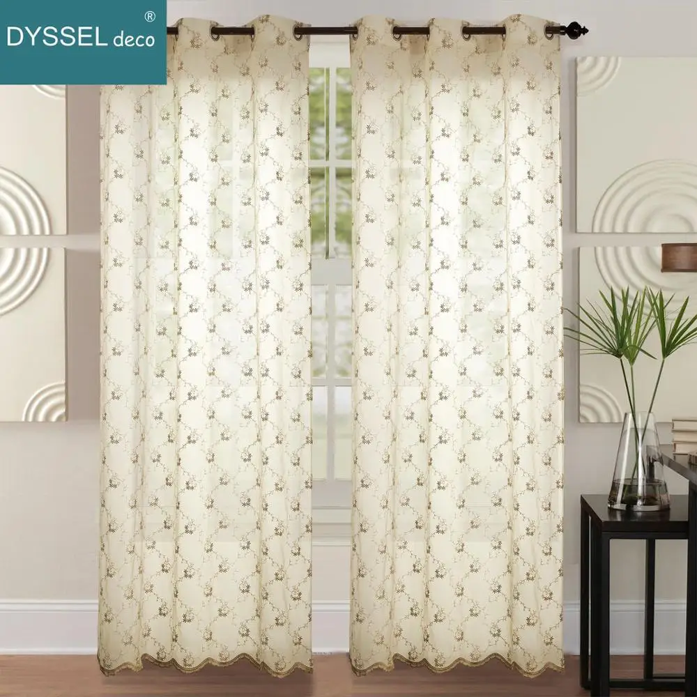 Home decorative Sheer full scallop Embroidery gold white Floral American Style Window Curtain rod pocket Grommet for living room