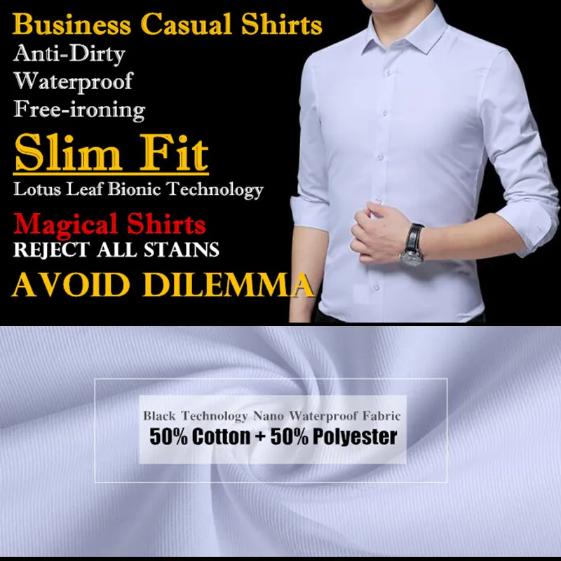 Men Waterproof Anti-Dirty Free-ironing Business Shirts Hydrophobic Stainproof Antifouling Quick Dry Top Long Sleeve Shirt M-5XL