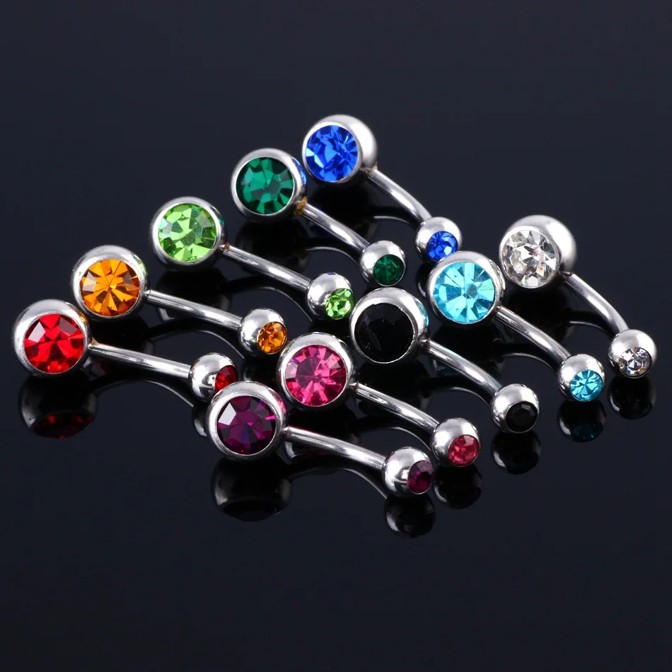 Lot 1Piece 316l Surgical Steel Double CZ Gem Belly Button Rings Colorful Gem Navel Bar Piercing Fashion Charming Jewelry 14g