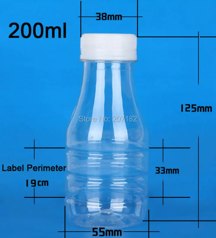 (100PCS/Pack) 200ml Transparent PET Plastic Bottle, Juice Bottle, Milk Bottle, Yogurt Bottle--Blue & White Cap Available